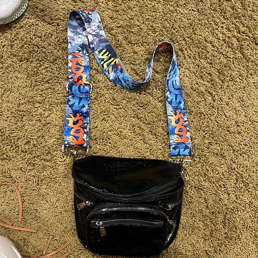Crossbody/Fanny pack faux patent leather bag with graphic guitar strap